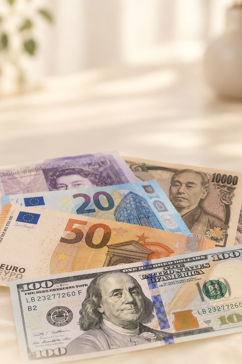 A colorful arrangement of banknotes from around the world